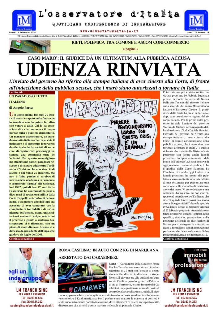 L'osservatore d'Italia edizione del 3 Febbraio 2014